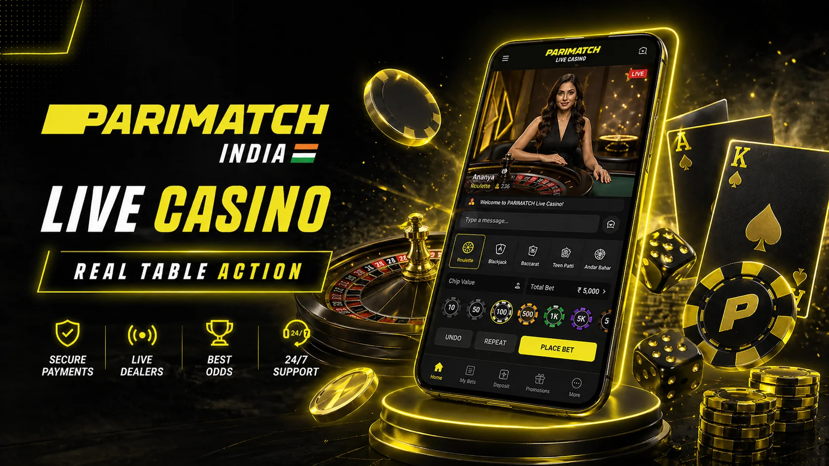 Live Casino Tables at Parimatch India — Teen Patti & Roulette